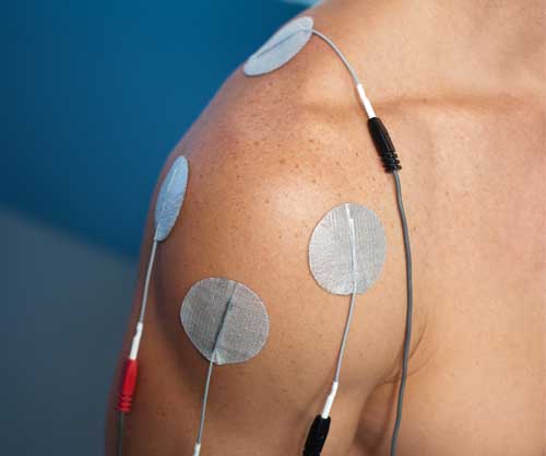 医疗地面和敷料电极附着在医疗患者的肩膀上